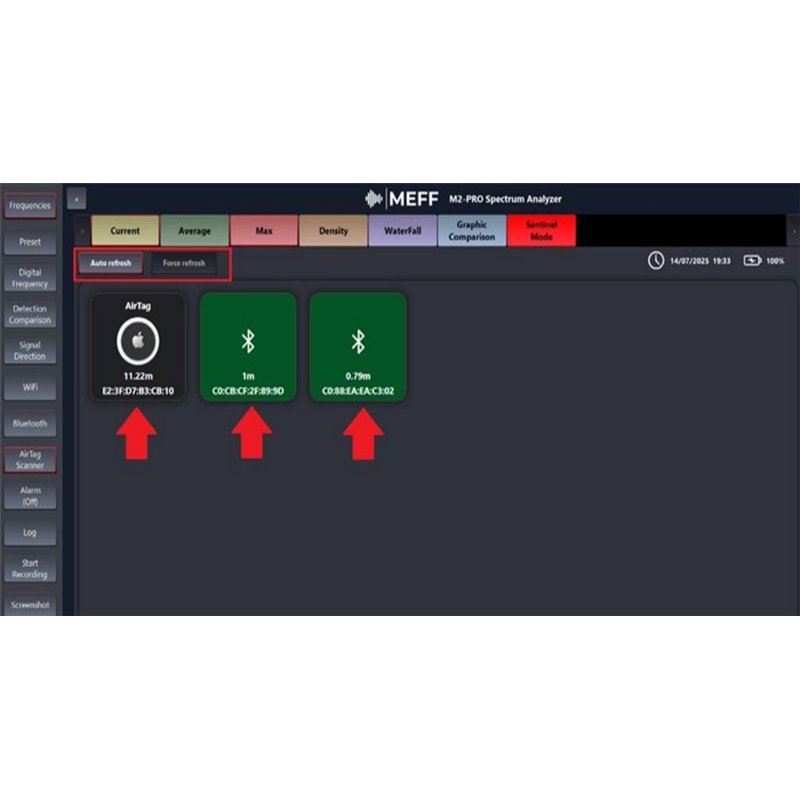 Detecção de Airtag com analisador de espectro Meff2 PRO